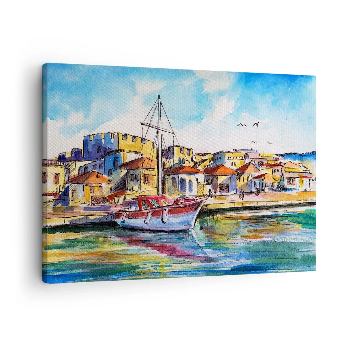 Obraz na plátně - Malebný přístav s lodí a barevnými budovami - 70x50cm - Duhové odpoledne - Moderní nástěnná dekorace do obývacího pokoje a ložnice ARTTOR