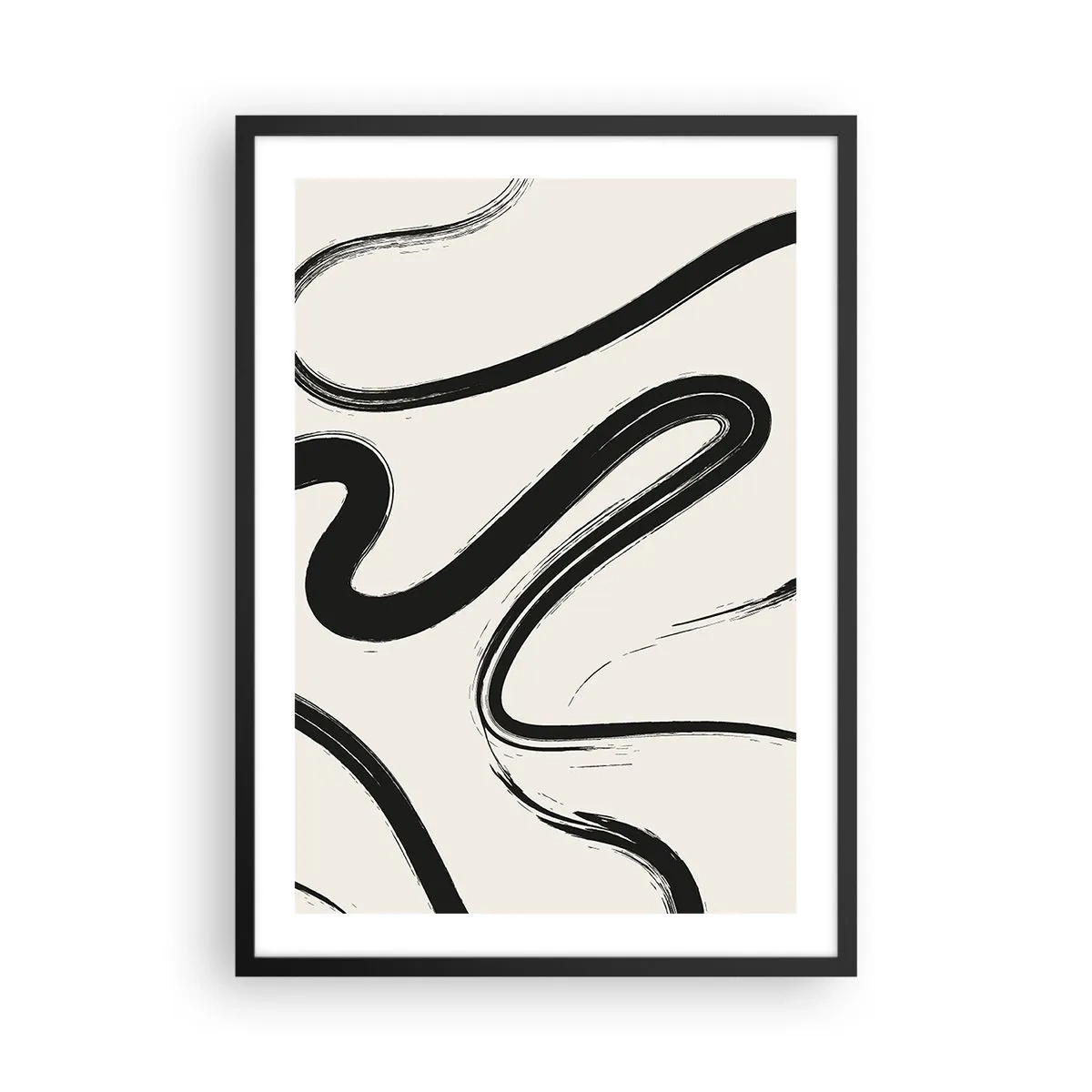 Plakát v černém rámu - Abstraktní černé čáry na světlém pozadí - 50x70cm - Černobílý rozmar - Moderní nástěnná dekorace do obývacího pokoje a ložnice ARTTOR