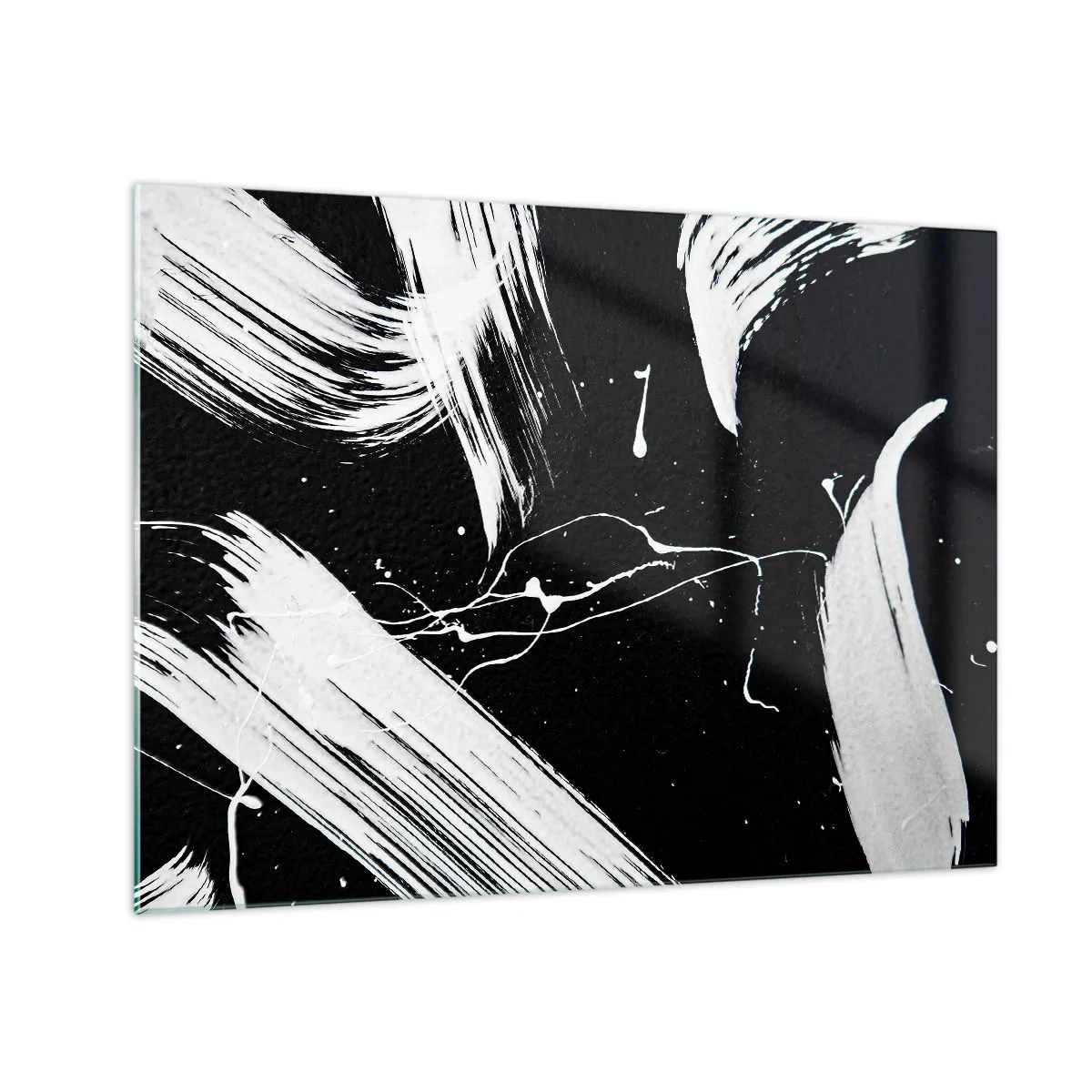 Obraz na skle - Bílé tahy štětcem na černém pozadí - 70x50cm - Prolomit temnotu - Moderní nástěnná dekorace do obývacího pokoje a ložnice ARTTOR