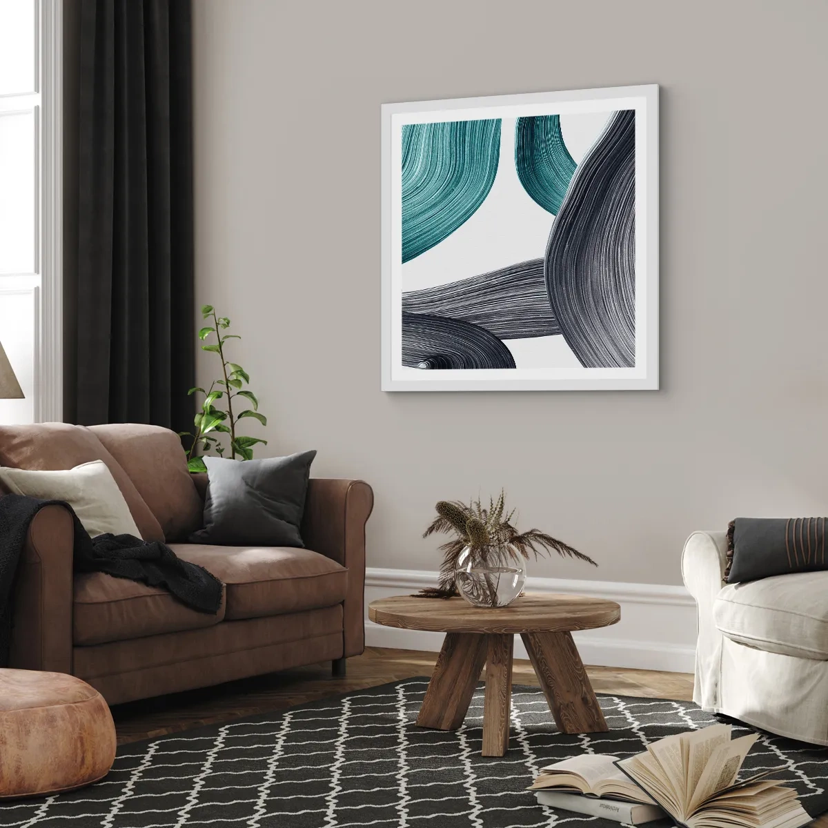 Plakát v bílém rámu - Smaragdové a černé vlny - 60x60 cm