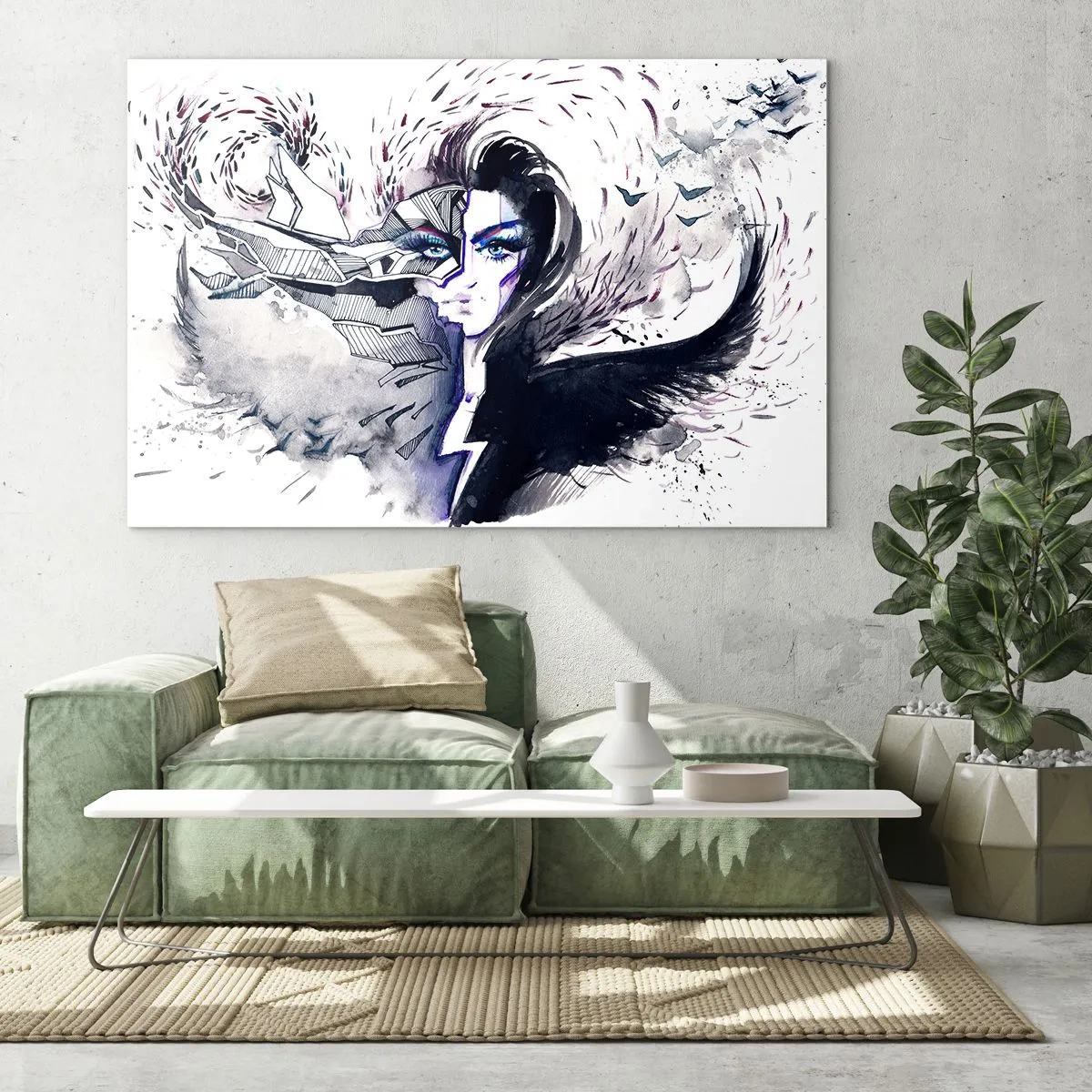 Obraz na skle - Abstraktní portrét s dynamickými prvky a černou - 70x50cm - Démonická a krásná - Moderní nástěnná dekorace do obývacího pokoje a ložnice ARTTOR