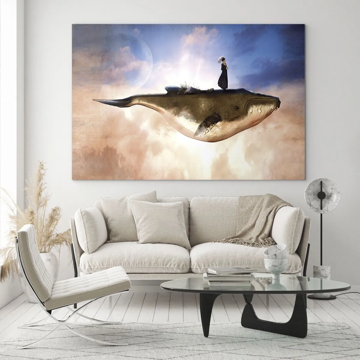 Obraz na skle - Fantastická velryba vznášející se v oblacích se ženou na zádech. - 70x50cm - Surrealistická cesta - Moderní nástěnná dekorace do obývacího pokoje a ložnice ARTTOR