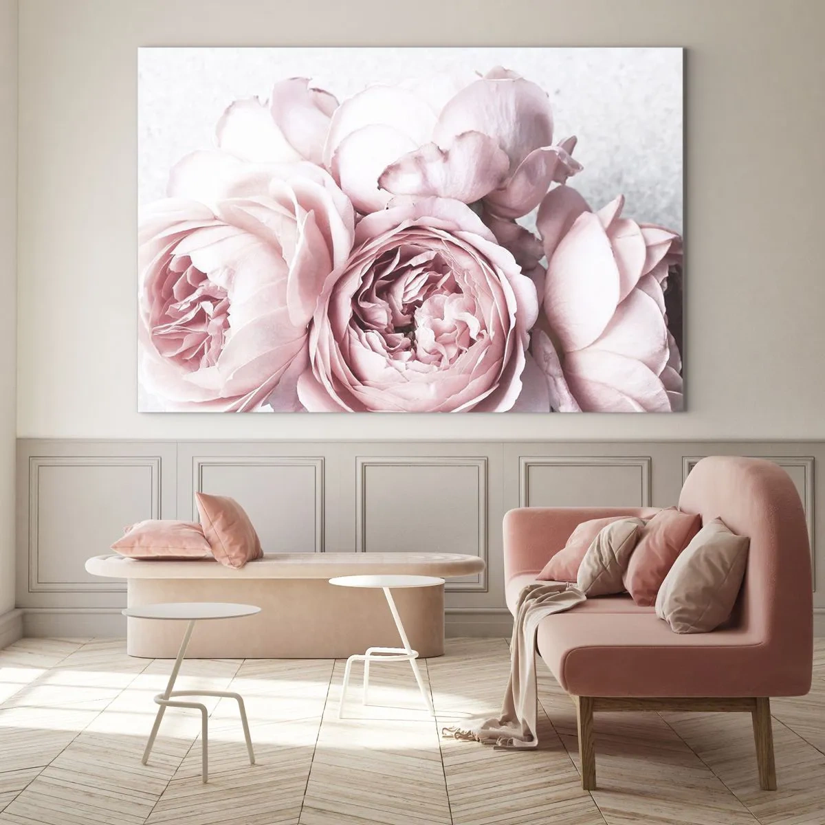 Obraz na skle - Detail růžových květů pivoňky v měkkém světle - 70x50cm - Pro romantiky - Moderní nástěnná dekorace do obývacího pokoje a ložnice ARTTOR