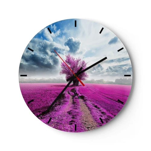 Nástěnné hodiny - Fialové pole s osamělým stromem na pozadí mraků - 30x30cm - Vřesoviště - divočina - Moderní nástěnná dekorace do obývacího pokoje, kuchyně a ložnice ARTTOR