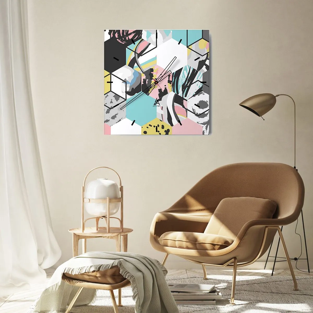 Nástěnné hodiny - Šestiúhelníky a krychle v šesti barvách - 30x30 cm