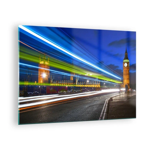 Obraz na skle - Big Ben v noci s rozmazanými světly aut - 70x50cm - Pod dohledem Big Bena - Moderní nástěnná dekorace do obývacího pokoje a ložnice ARTTOR