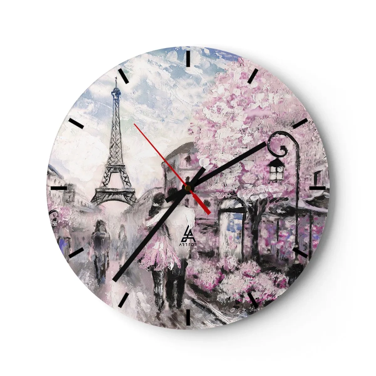 Nástěnné hodiny - Romantický výhled na Paříž s Eiffelovou věží a kvetoucími stromy - 30x30cm - Když se zamilovat, tak jenom v… - Moderní nástěnná dekorace do obývacího pokoje, kuchyně a ložnice ARTTOR