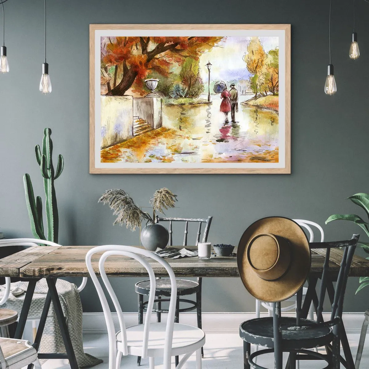 Plakát v rámu světlý dub - Romantický podzim v parku - 70x50 cm