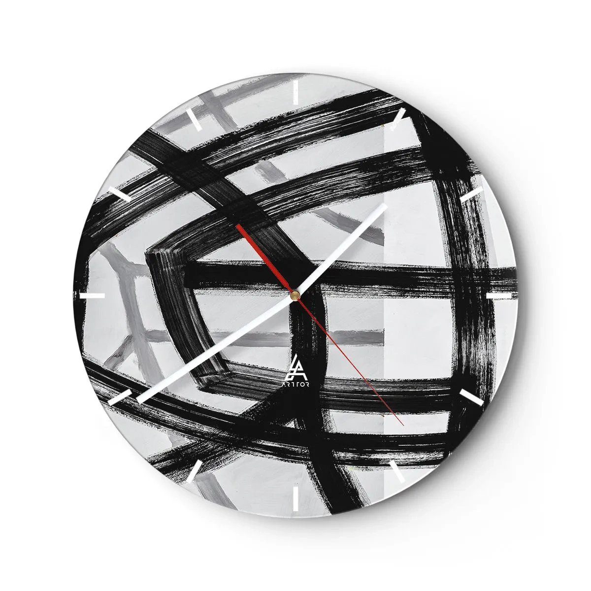 Nástěnné hodiny - Dynamické černé tahy štětcem vytvářející trojrozměrné vzory - 30x30cm - Hloubka - Moderní nástěnná dekorace do obývacího pokoje, kuchyně a ložnice ARTTOR
