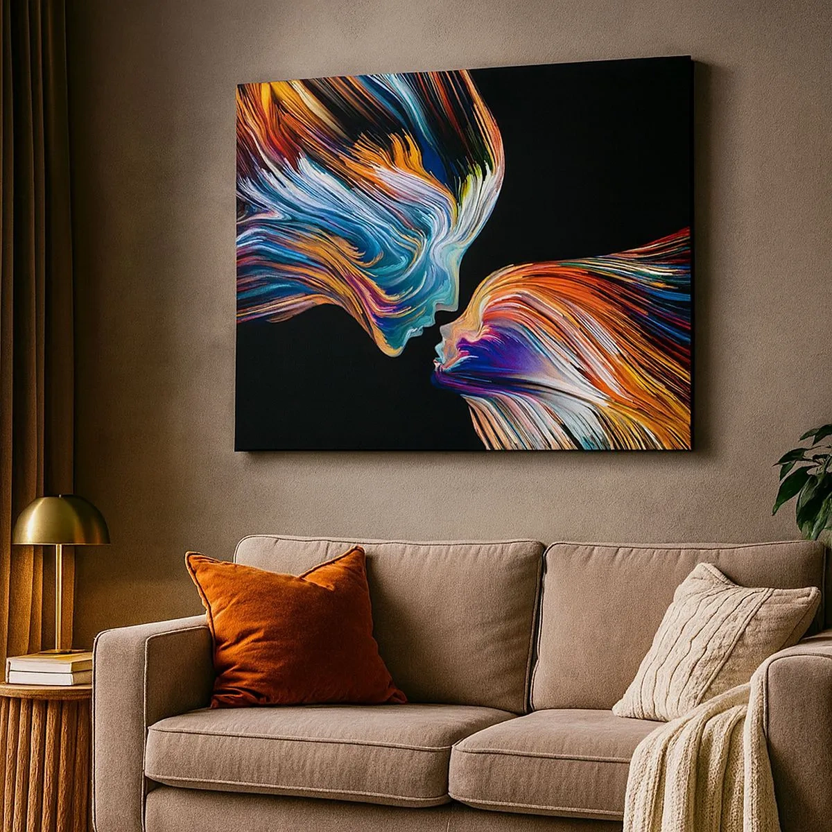 Obraz na plátně - Barevné siluety tváří v dynamických proudech na černém pozadí - 70x50cm - Fúze energie a světla - Moderní nástěnná dekorace do obývacího pokoje a ložnice ARTTOR