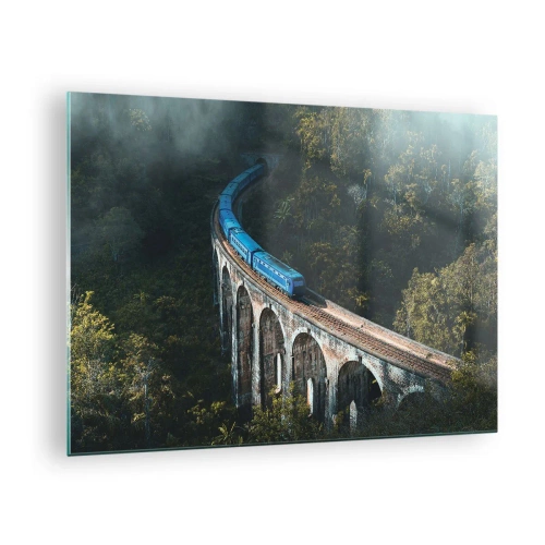 Obraz na skle - Modrý vlak jedoucí po kamenném viaduktu v lese - 70x50cm - Přitažlivost přírody - Moderní nástěnná dekorace do obývacího pokoje a ložnice ARTTOR