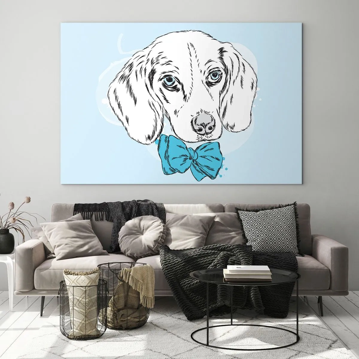 Obraz na skle - Kresba psa s motýlkem na modrém pozadí - 70x50cm - Psí elegance - Moderní nástěnná dekorace do obývacího pokoje a ložnice ARTTOR