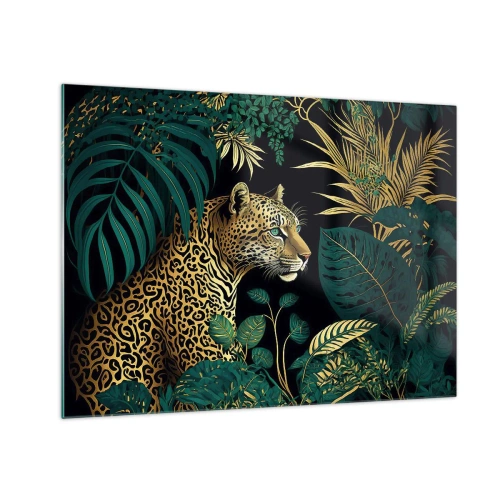 Obraz na skle - Leopard mezi tropickými listy na tmavém pozadí - 70x50cm - Domácí v džungli - Moderní nástěnná dekorace do obývacího pokoje a ložnice ARTTOR