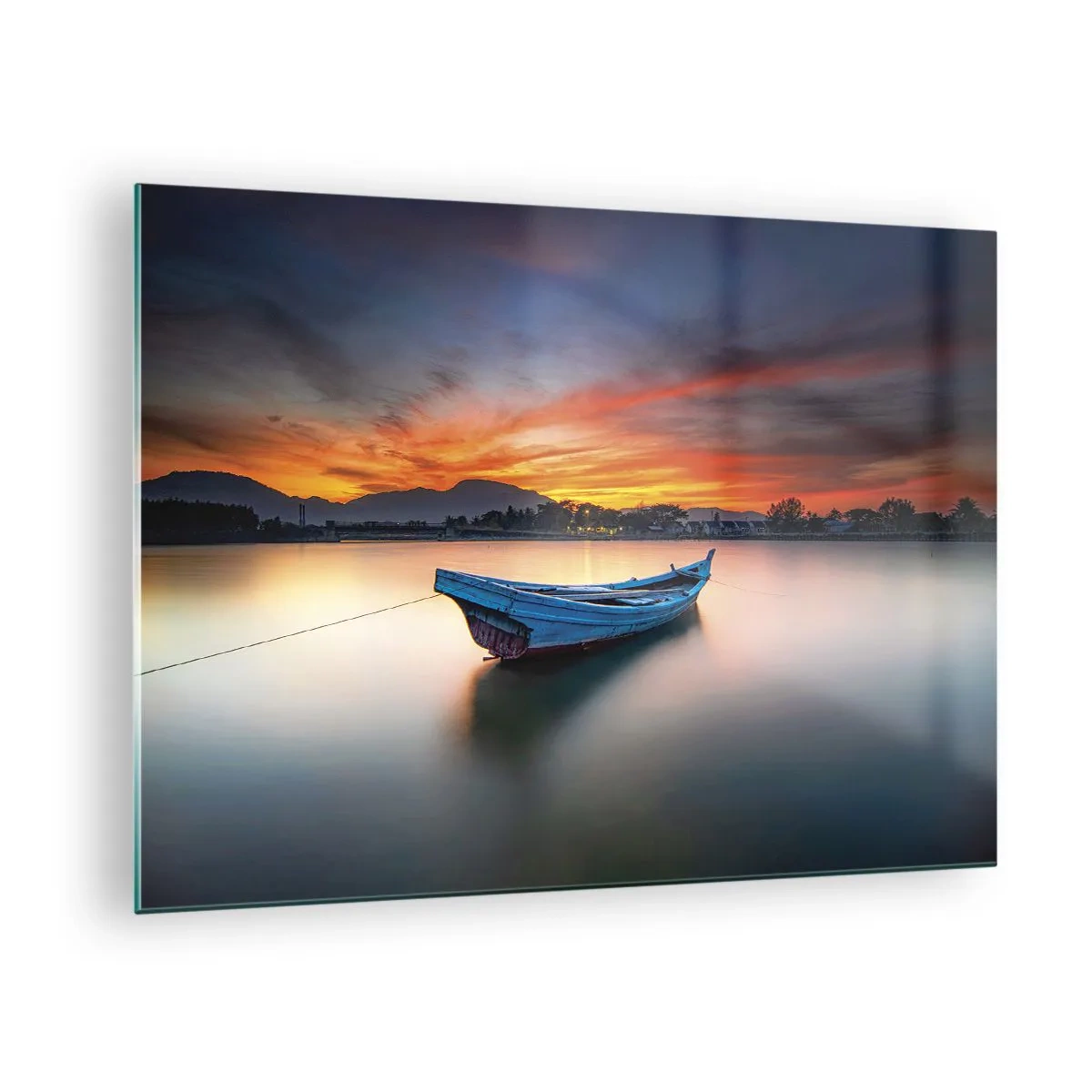 Obraz na skle - Dřevěná loď na jezeře při západu slunce - 70x50cm - Blíží se dobrá noc - Moderní nástěnná dekorace do obývacího pokoje a ložnice ARTTOR