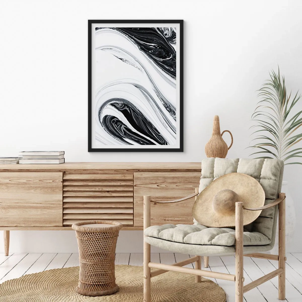 Plakát v černém rámu - Abstraktní vzor v černé a bílé s plynulými liniemi - 50x70cm - Spojení protikladů - Moderní nástěnná dekorace do obývacího pokoje a ložnice ARTTOR