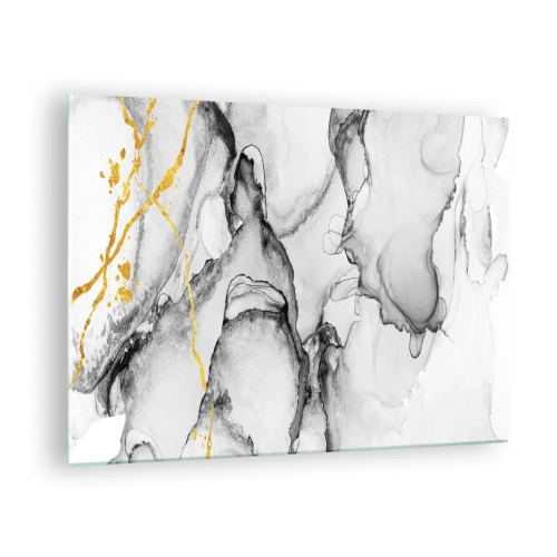 Obraz na skle - Abstraktní černobílá kompozice se zlatým akcentem - 70x50cm - Kompozice se zlatým motivem - Moderní nástěnná dekorace do obývacího pokoje a ložnice ARTTOR
