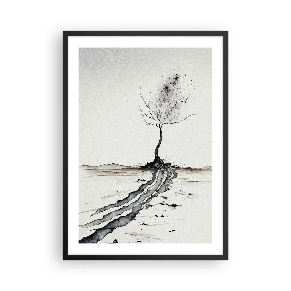 Plakát v černém rámu - Minimalistický strom s abstraktními kořeny - 50x70cm - Zimní melancholie - Moderní nástěnná dekorace do obývacího pokoje a ložnice ARTTOR