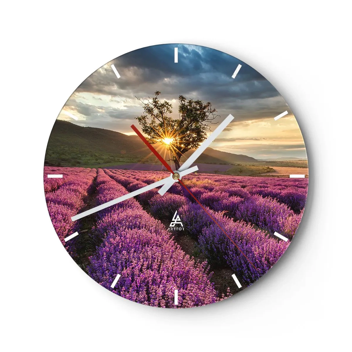 Nástěnné hodiny - Levandulové pole při západu slunce s osamělým stromem - 30x30cm - Aroma v barvě lila - Moderní nástěnná dekorace do obývacího pokoje, kuchyně a ložnice ARTTOR
