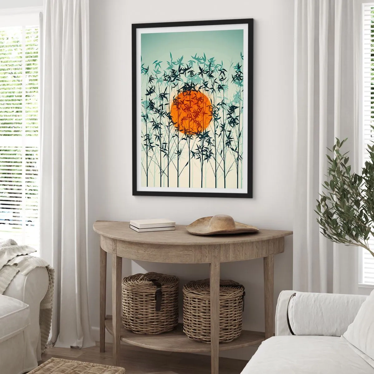 Plakát v černém rámu - Slunce za bambusovými větvemi - 50x70cm - Japonské slunce - Moderní nástěnná dekorace do obývacího pokoje a ložnice ARTTOR