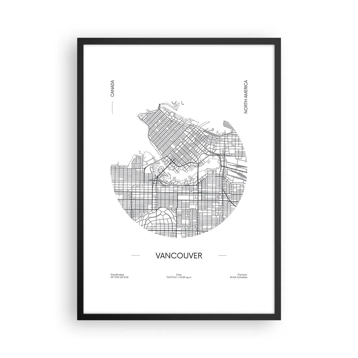 Plakát v černém rámu - Minimalistická černobílá mapa Vancouveru - 50x70cm - Anatomie Vancouveru - Moderní nástěnná dekorace do obývacího pokoje a ložnice ARTTOR