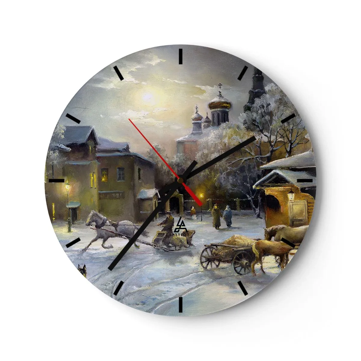 Nástěnné hodiny - Zimní krajina s koňmi a kostelem v pozadí - 30x30cm - Kouzlo ruské zimy - Moderní nástěnná dekorace do obývacího pokoje, kuchyně a ložnice ARTTOR
