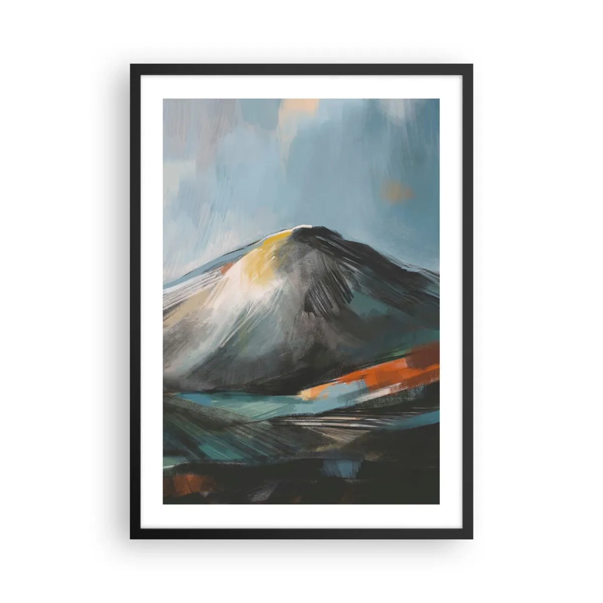 Plakát v černém rámu - Abstraktní horská krajina v odstínech tmavě modré a oranžové - 50x70cm - Syrové i krásné - Moderní nástěnná dekorace do obývacího pokoje a ložnice ARTTOR