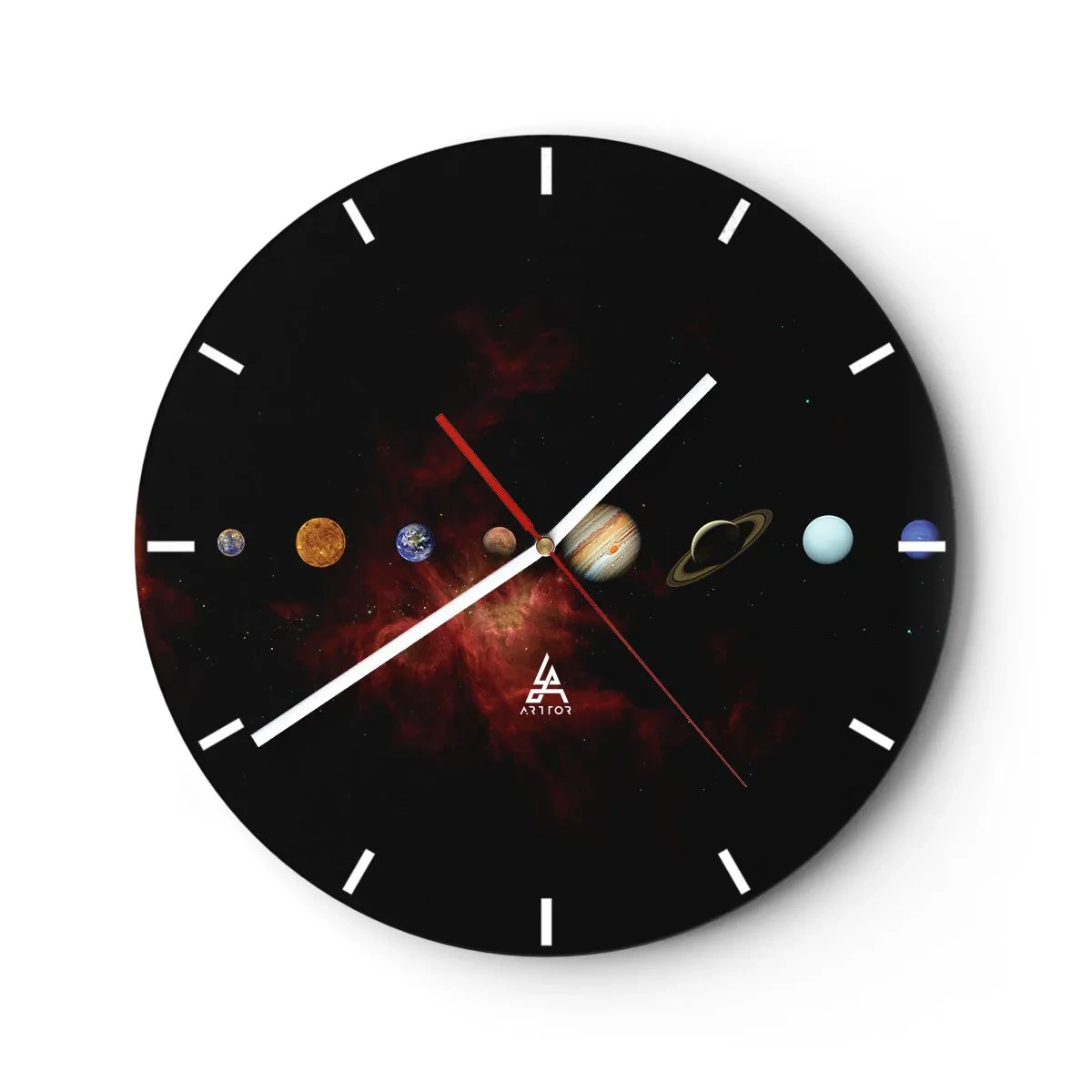 Nástěnné hodiny - Planety sluneční soustavy na pozadí černé galaxie - 30x30cm - Naše čtvrť - Moderní nástěnná dekorace do obývacího pokoje, kuchyně a ložnice ARTTOR