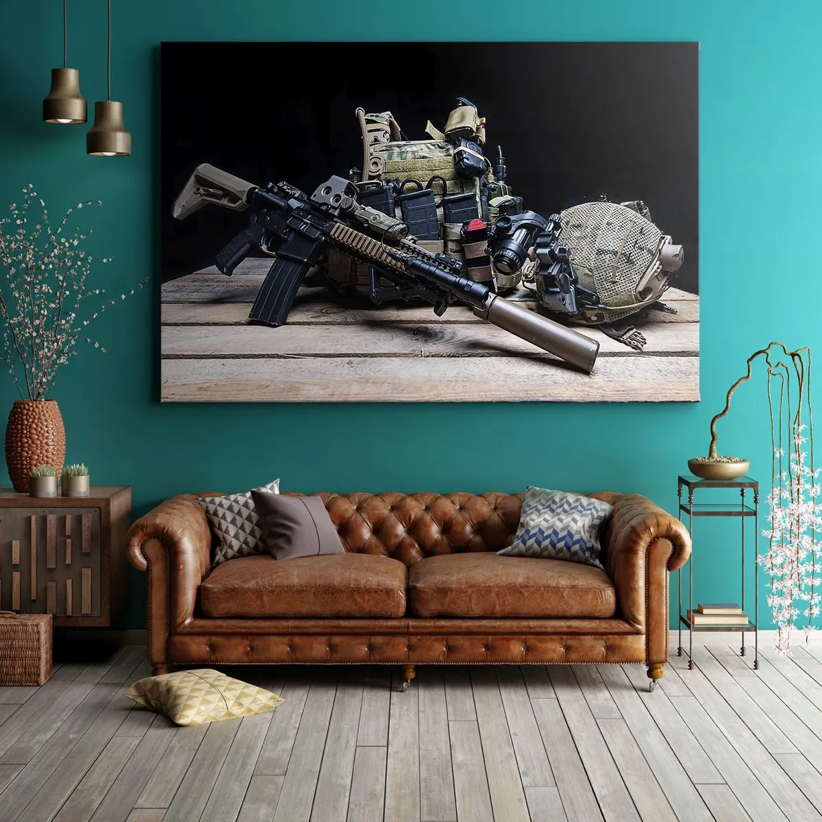 Obraz na plátně - Taktické vybavení s puškou na dřevěném stole - 70x50cm - Pohov! - Moderní nástěnná dekorace do obývacího pokoje a ložnice ARTTOR