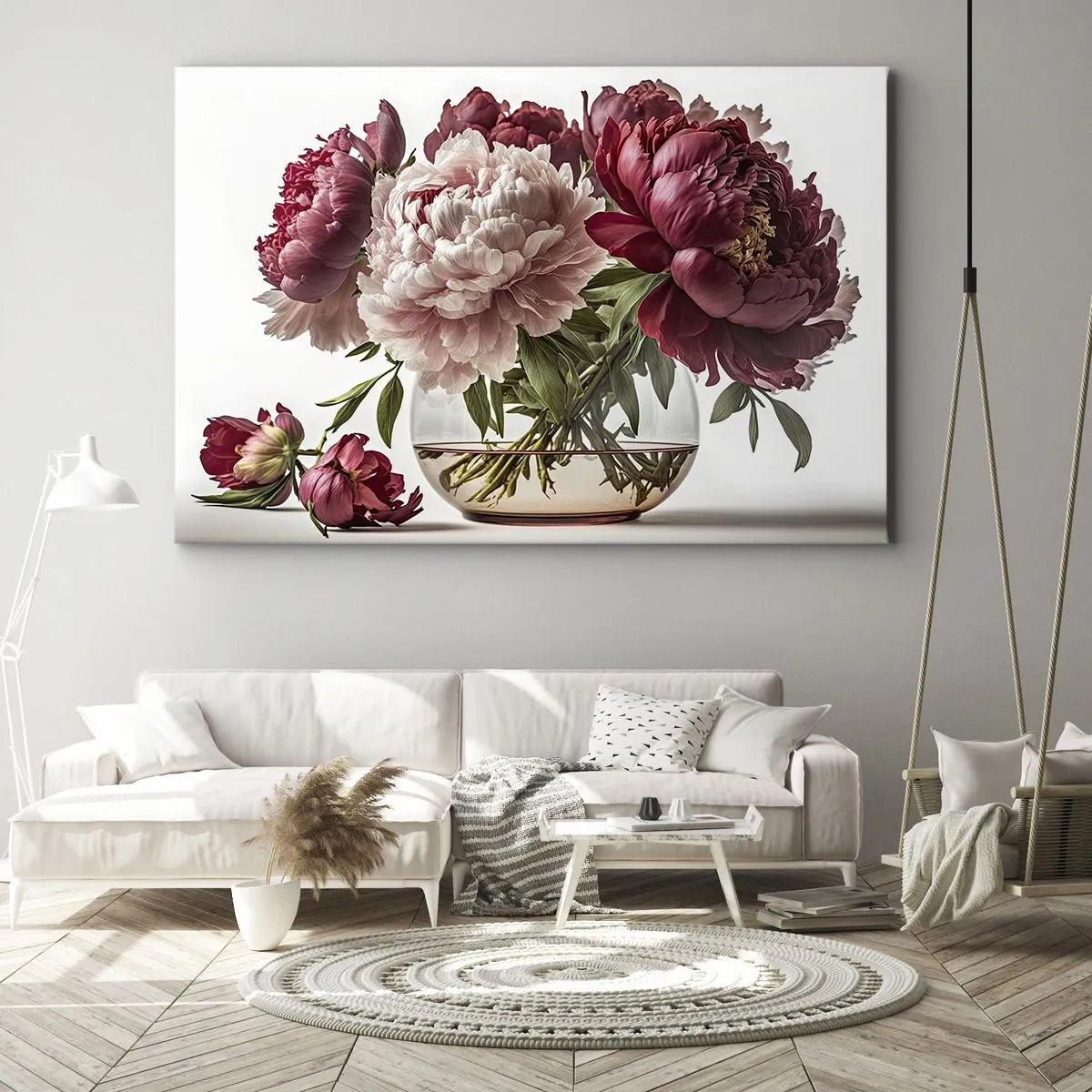 Obraz na plátně - Kytice pivoněk v odstínech růžové a červené - 70x50cm - V plném rozkvětu krásy - Moderní nástěnná dekorace do obývacího pokoje a ložnice ARTTOR