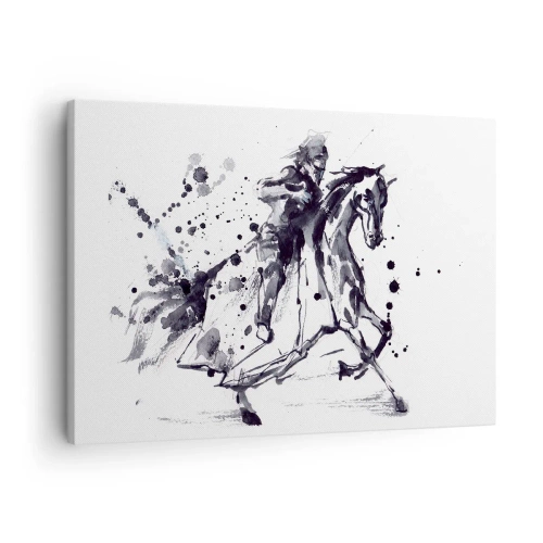 Obraz na plátně - Černobílý akvarel jezdce na cválajícím koni - 70x50cm - Černý rytíř - Moderní nástěnná dekorace do obývacího pokoje a ložnice ARTTOR
