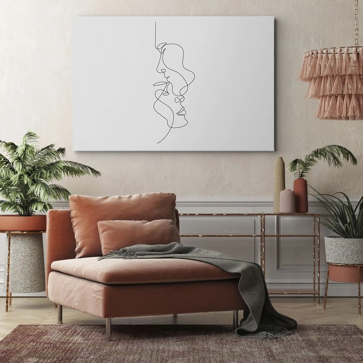 Obraz na plátně - Minimalistická kresba dvou tváří v jedné linii. - 70x50cm - Žár vášnivých tužeb - Moderní nástěnná dekorace do obývacího pokoje a ložnice ARTTOR