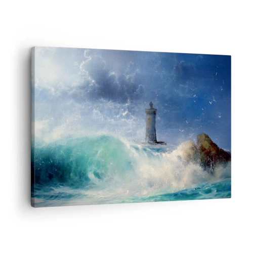 Obraz na plátně - Maják obklopený rozbouřenými vlnami a mraky - 70x50cm - Na stráži proti živlům - Moderní nástěnná dekorace do obývacího pokoje a ložnice ARTTOR