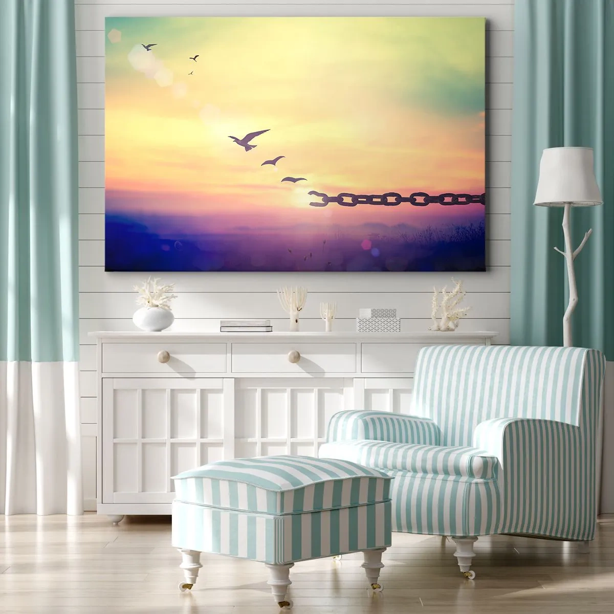 Obraz na plátně - Symbol svobody s ptáky a přetrženým řetězem - 70x50cm - Vítězství svobody - Moderní nástěnná dekorace do obývacího pokoje a ložnice ARTTOR