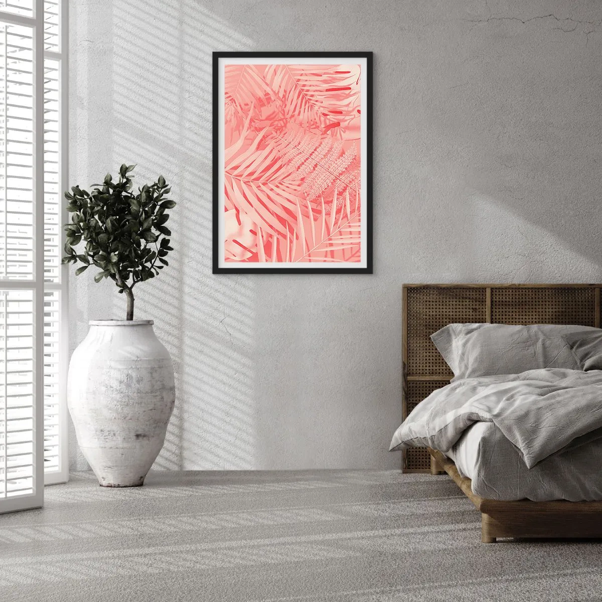 Plakát v černém rámu - Růžová kapradina a palmové listy na pastelovém pozadí - 50x70cm - Růžový koncept - Moderní nástěnná dekorace do obývacího pokoje a ložnice ARTTOR