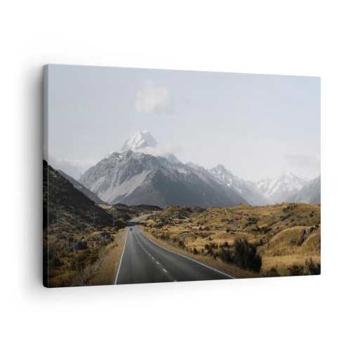 Obraz na plátně - Silnice v horách obklopená malebnou krajinou - 70x50cm - Cesta do srdce hor - Moderní nástěnná dekorace do obývacího pokoje a ložnice ARTTOR