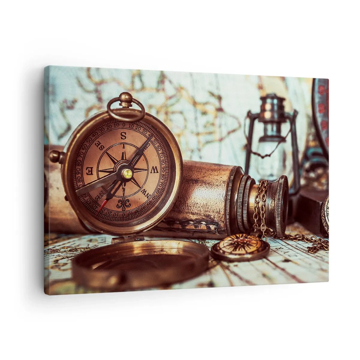 Obraz na plátně - Retro sada s kompasem, dalekohledem a mapou v cestovním stylu - 70x50cm - Pirátské dobrodružství v Karibiku čeká - Moderní nástěnná dekorace do obývacího pokoje a ložnice ARTTOR