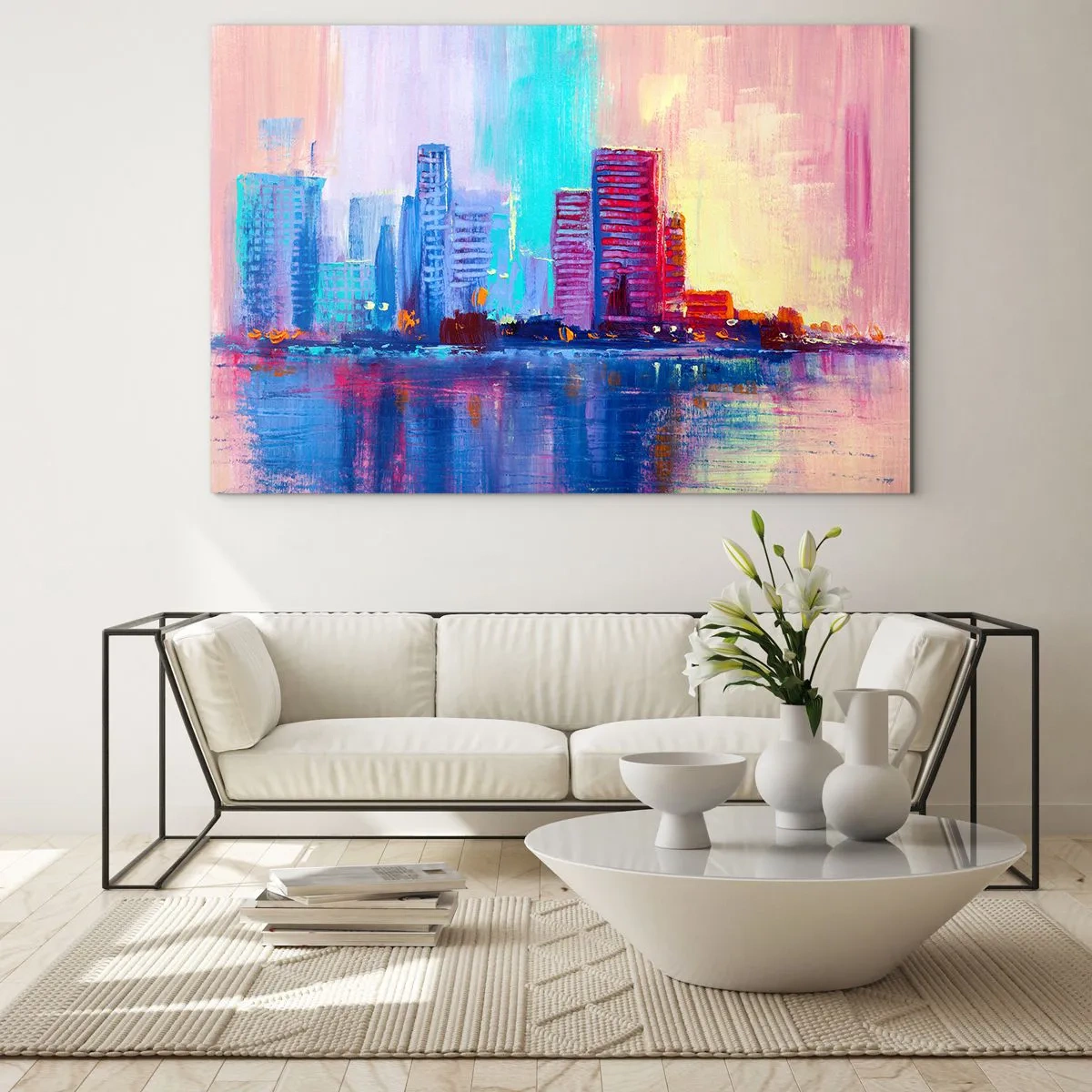 Obraz na skle - Moderní město v intenzivních barvách odrážejících se ve vodě - 70x50cm - Vykoupané v barvách - Moderní nástěnná dekorace do obývacího pokoje a ložnice ARTTOR