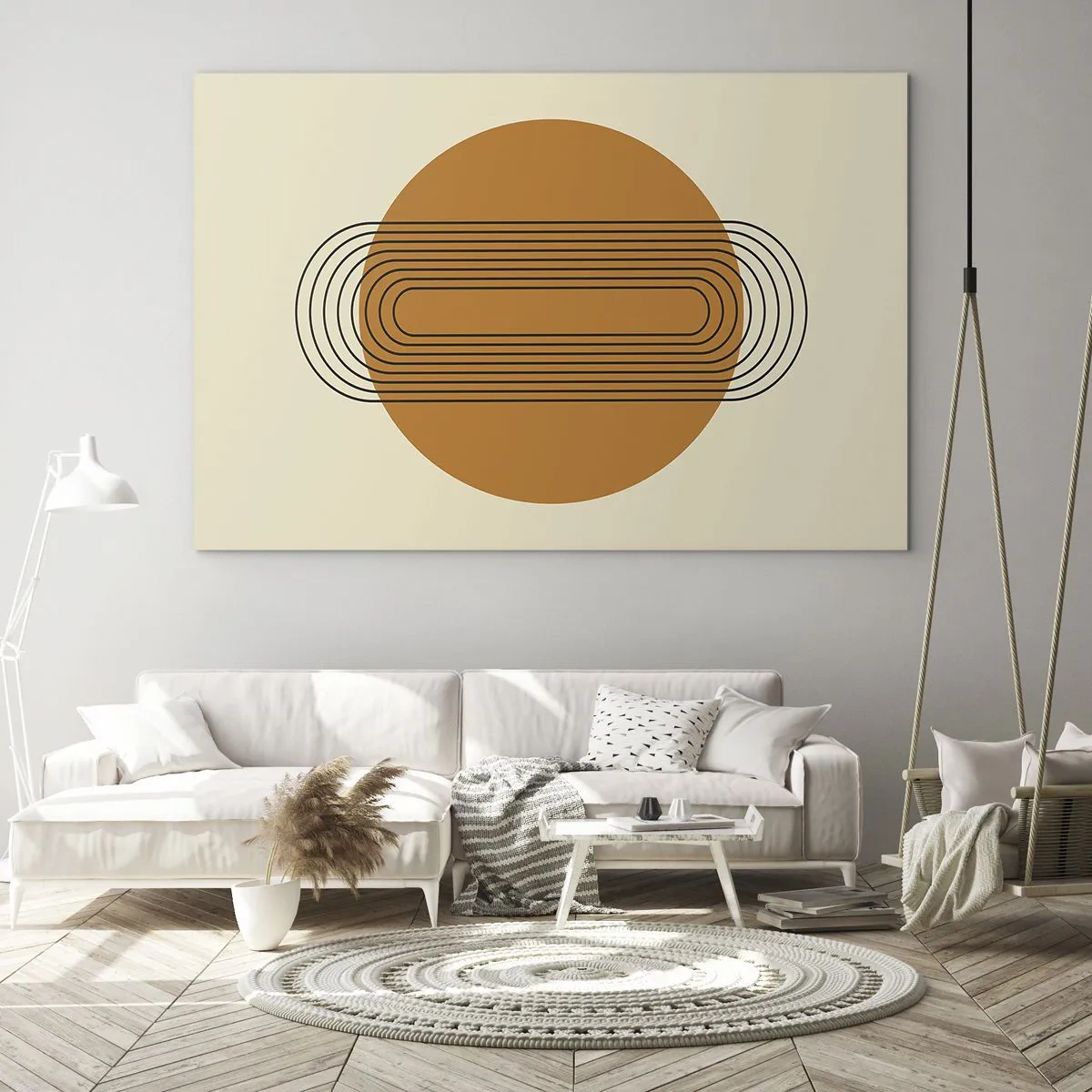 Obraz na skle - Geometrická abstrakce s kruhy a čarami - 70x50cm - Dokonalý plán - Moderní nástěnná dekorace do obývacího pokoje a ložnice ARTTOR