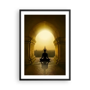 Plakát v černém rámu - Postava meditující v oblouku chrámu na pozadí vycházejícího slunce - 50x70cm - Plná harmonie - Moderní nástěnná dekorace do obývacího pokoje a ložnice ARTTOR