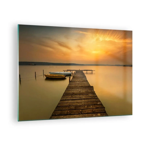 Obraz na skle - Molo na jezeře při západu slunce s lodí - 70x50cm - Otevřu ti zlaté nebe - Moderní nástěnná dekorace do obývacího pokoje a ložnice ARTTOR