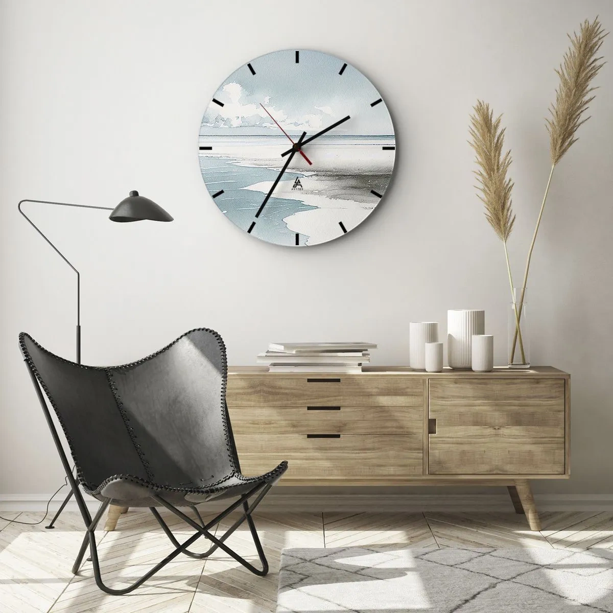 Nástěnné hodiny - Široká pláž a moře v klidné, pastelové akvarelové malbě - 30x30cm - Jemný příliv - Moderní nástěnná dekorace do obývacího pokoje, kuchyně a ložnice ARTTOR