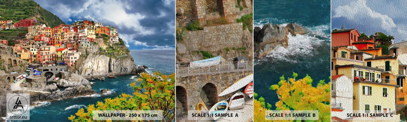 Vzor Fototapety Premium Sand - Hromádka přitulená ke skalám - Krajina, Architektura, Itálie - 100x30 cm