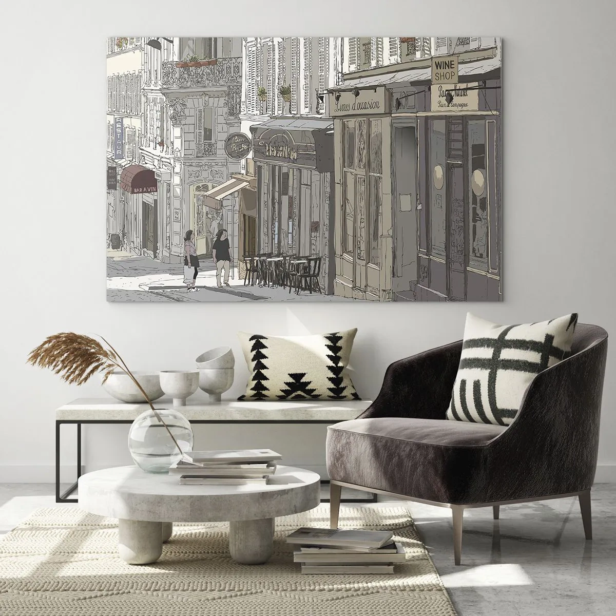 Obraz na skle - Ulice s kavárnami v uměleckém městském stylu - 70x50cm - Městské radosti - Moderní nástěnná dekorace do obývacího pokoje a ložnice ARTTOR