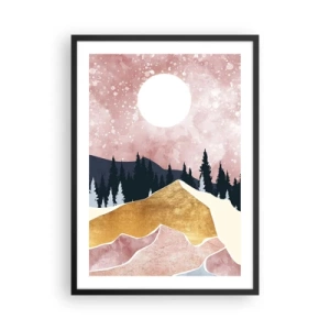 Plakát v černém rámu - Abstraktní krajina s lesem, horami a zlatými akcenty - 50x70cm - Noční hlídka - Moderní nástěnná dekorace do obývacího pokoje a ložnice ARTTOR