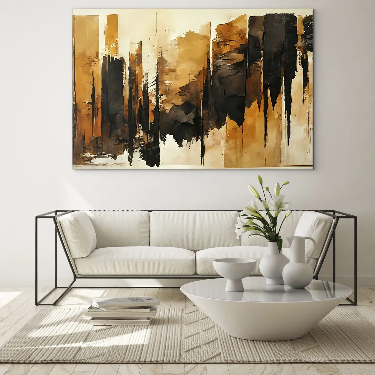 Obraz na skle - Zlatohnědá abstrakce s vertikálními strukturami - 70x50cm - Harmonie černé a zlaté - Moderní nástěnná dekorace do obývacího pokoje a ložnice ARTTOR