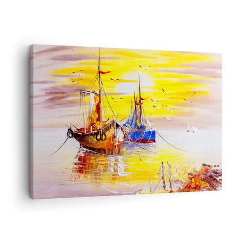 Obraz na plátně - Malířská scéna lodí na klidném moři - 70x50cm - Zasloužený odpočinek v přístavu - Moderní nástěnná dekorace do obývacího pokoje a ložnice ARTTOR