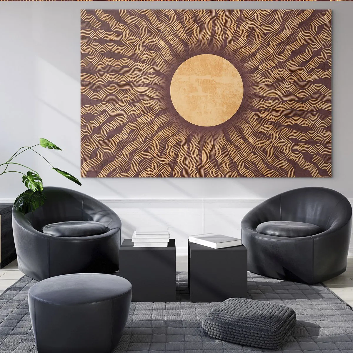 Obraz na skle - Stylizované slunce s paprsky ve formě vlnovek na hnědém pozadí. - 70x50cm - Ikona slunce - Moderní nástěnná dekorace do obývacího pokoje a ložnice ARTTOR