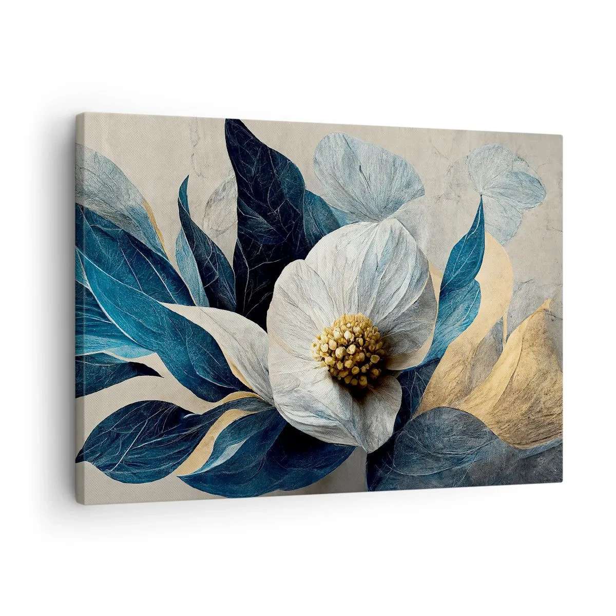 Obraz na plátně - Květina s modrými listy na elegantním pozadí - 70x50cm - Zlaté srdce - Moderní nástěnná dekorace do obývacího pokoje a ložnice ARTTOR