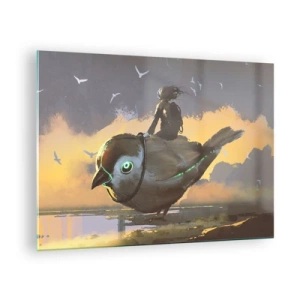 Obraz na skle - Postava na obřím ptákovi ve světle zapadajícího slunce - 70x50cm - Zastávka na fantastické cestě - Moderní nástěnná dekorace do obývacího pokoje a ložnice ARTTOR