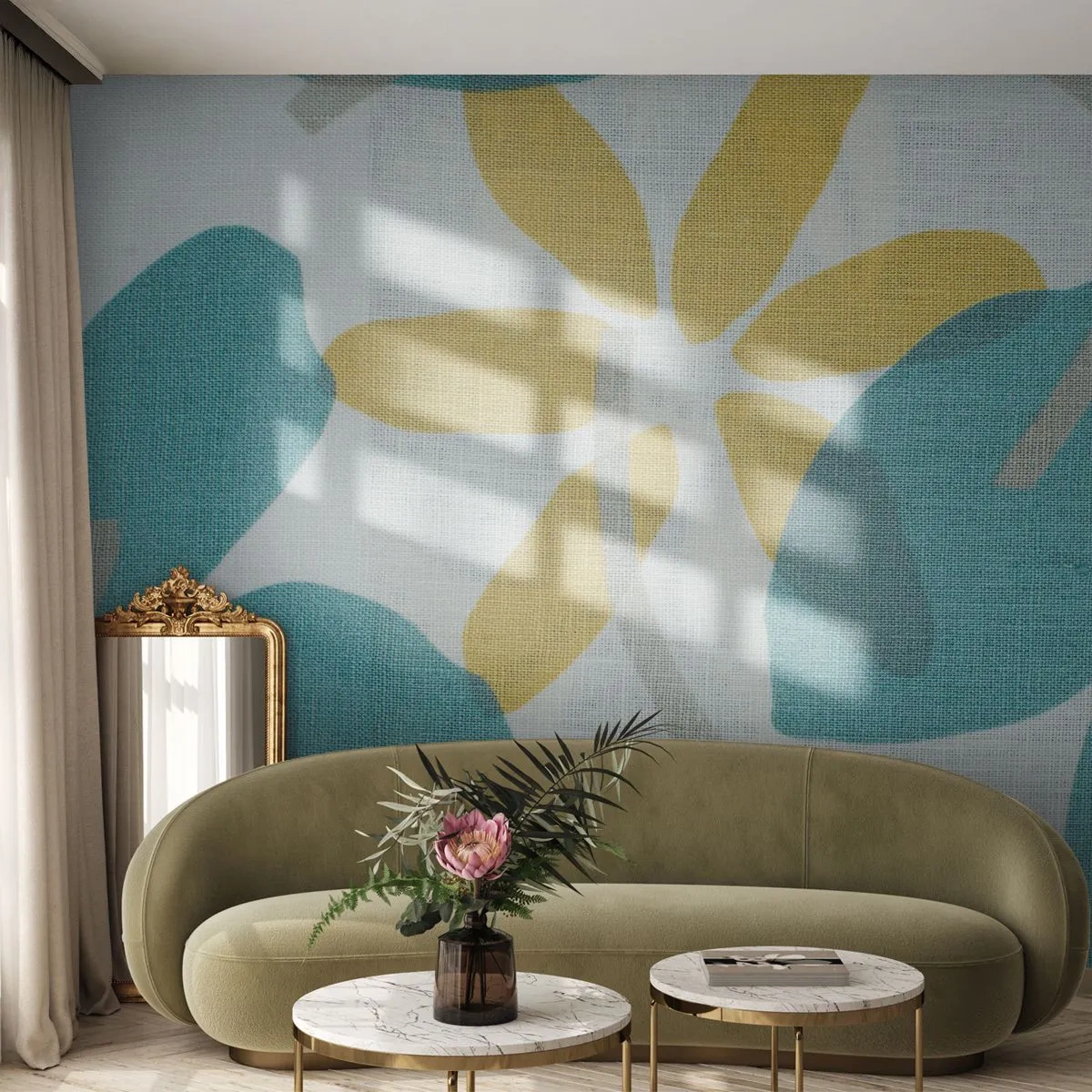 Fototapeta Premium Canvas - Mezi azurovými listy - Boho, Květiny, Minimalismus - 450x315 cm